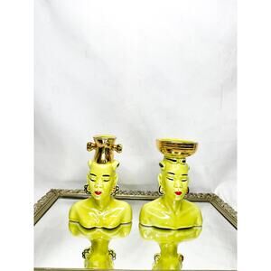 1950’s Nubian African Head Vases, Chartreuse And Gold, Vintage Pair